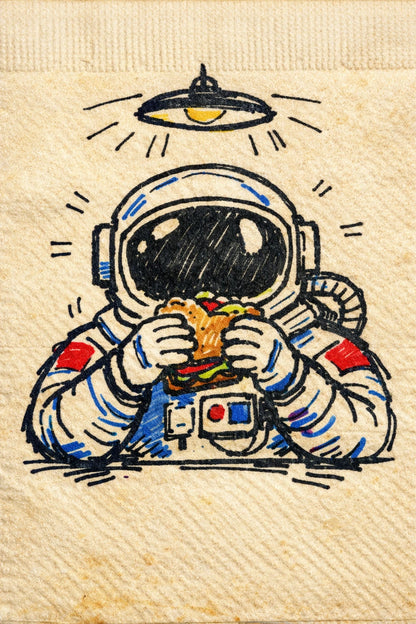 Example output from the Felt-tip Character Napkin Doodles ChatGPT prompt: a felt-tip napkin doodle of an astronaut eating a burger under a hanging lamp, drawn in bold marker outlines on textured napkin paper.