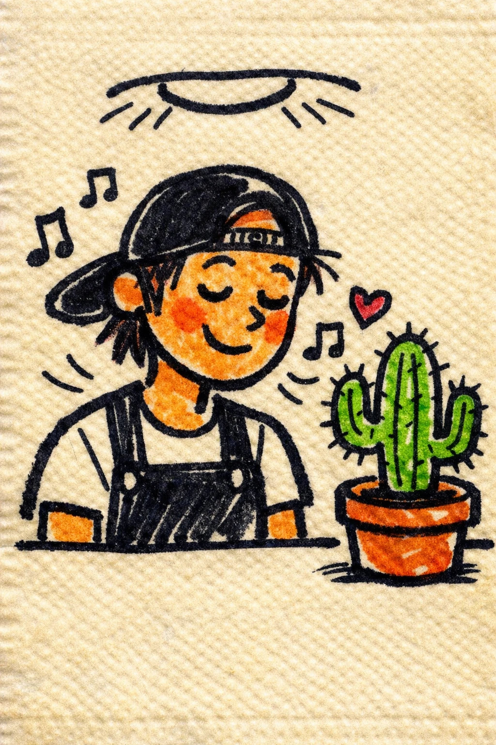 Example output from the Felt-tip Character Napkin Doodles ChatGPT prompt: a felt-tip napkin doodle of a barista character, drawn in bold black marker outlines with flat color on textured napkin paper.