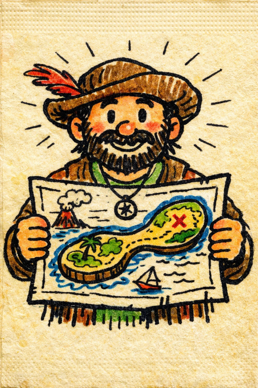 Example output from the Felt-tip Character Napkin Doodles ChatGPT prompt: a felt-tip napkin doodle of a bearded cartographer holding an illustrated treasure map, drawn in marker on textured napkin paper.