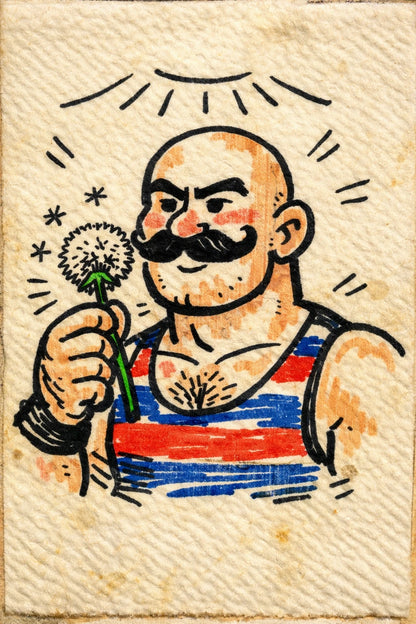 Example output from the Felt-tip Character Napkin Doodles ChatGPT prompt: a felt-tip napkin doodle of a mustached circus strongman in a striped tank top holding a dandelion.
