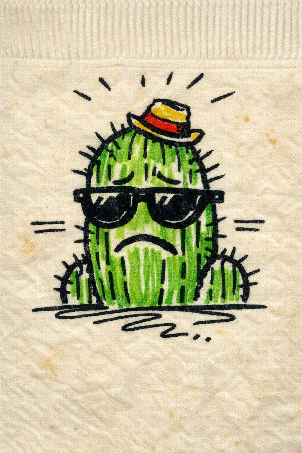 Example output from the Felt-tip Character Napkin Doodles ChatGPT prompt: a felt-tip napkin doodle of a melancholic cactus wearing sunglasses and a small straw hat.