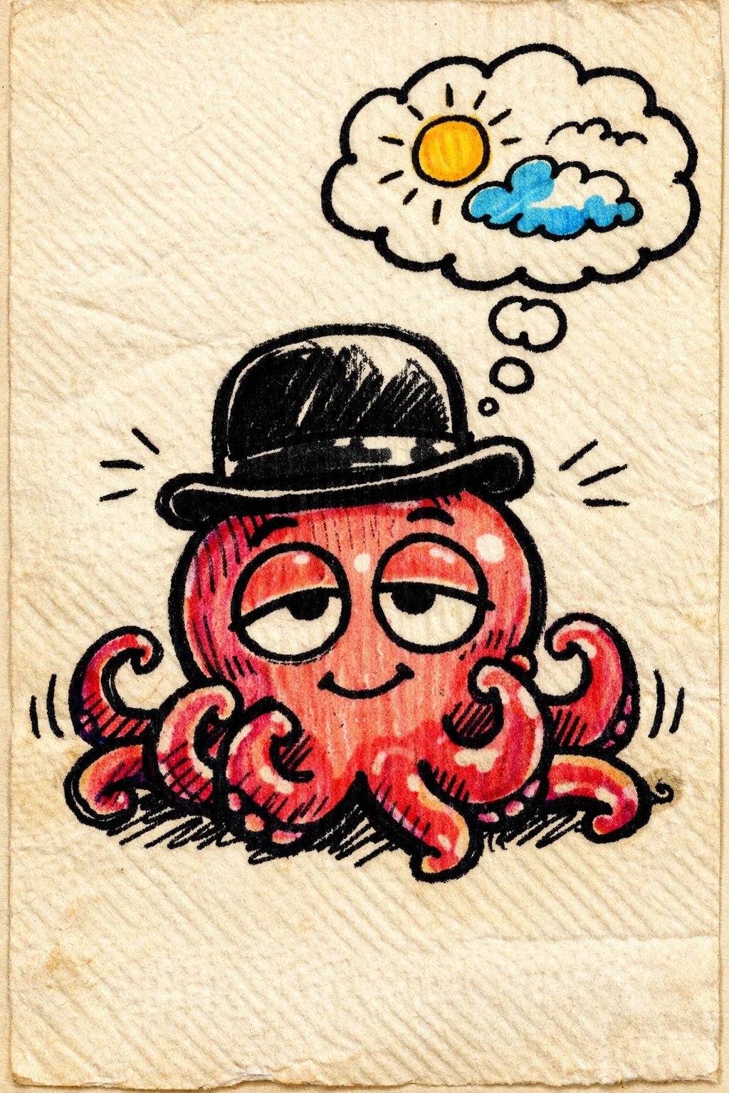Example output from the Felt-tip Character Napkin Doodles ChatGPT prompt: a felt-tip napkin doodle of a sleepy octopus in a bowler hat with a daydream thought bubble.
