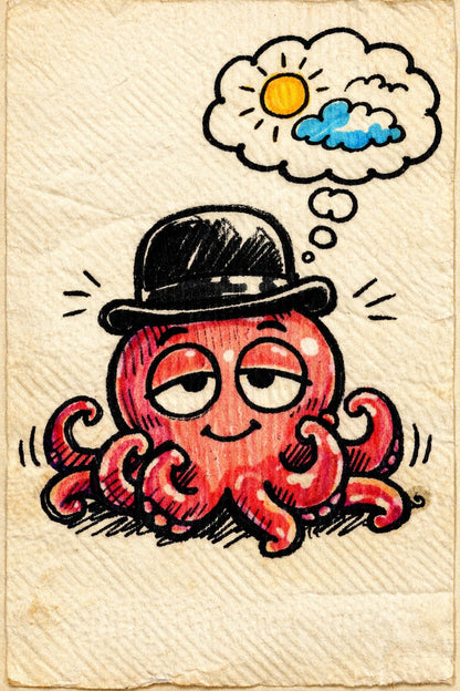 Example output from the Felt-tip Character Napkin Doodles ChatGPT prompt: a felt-tip napkin doodle of a sleepy octopus in a bowler hat with a daydream thought bubble.