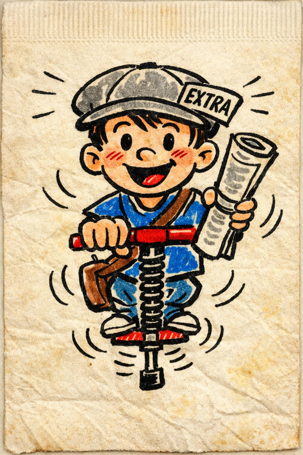 Example output from the Felt-tip Character Napkin Doodles ChatGPT prompt: a felt-tip napkin doodle of a cheerful paperboy on a pogo stick holding a rolled newspaper.