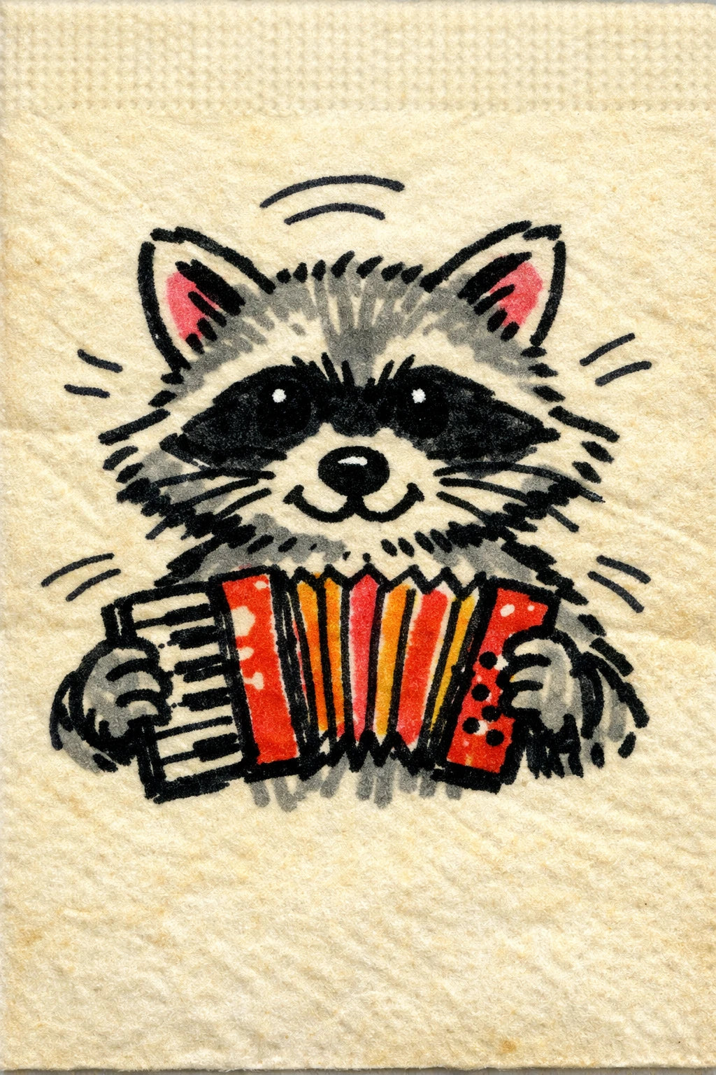 Example output from the Felt-tip Character Napkin Doodles ChatGPT prompt: a felt-tip napkin doodle of a raccoon character, drawn in bold black marker outlines with flat color on textured napkin paper.