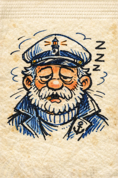Example output from the Felt-tip Character Napkin Doodles ChatGPT prompt: a felt-tip napkin doodle of a sleepy lighthouse keeper, drawn in bold marker outlines on textured napkin paper.