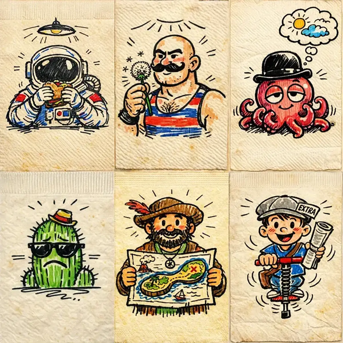 Example output from the Felt-tip Character Napkin Doodles ChatGPT prompt: a six-panel grid of felt-tip marker doodles drawn on textured diner napkins, including an astronaut, circus strongman, bowler-hatted octopus, grumpy cactus, cartographer and paperboy, in bold black outlines with flat marker color.