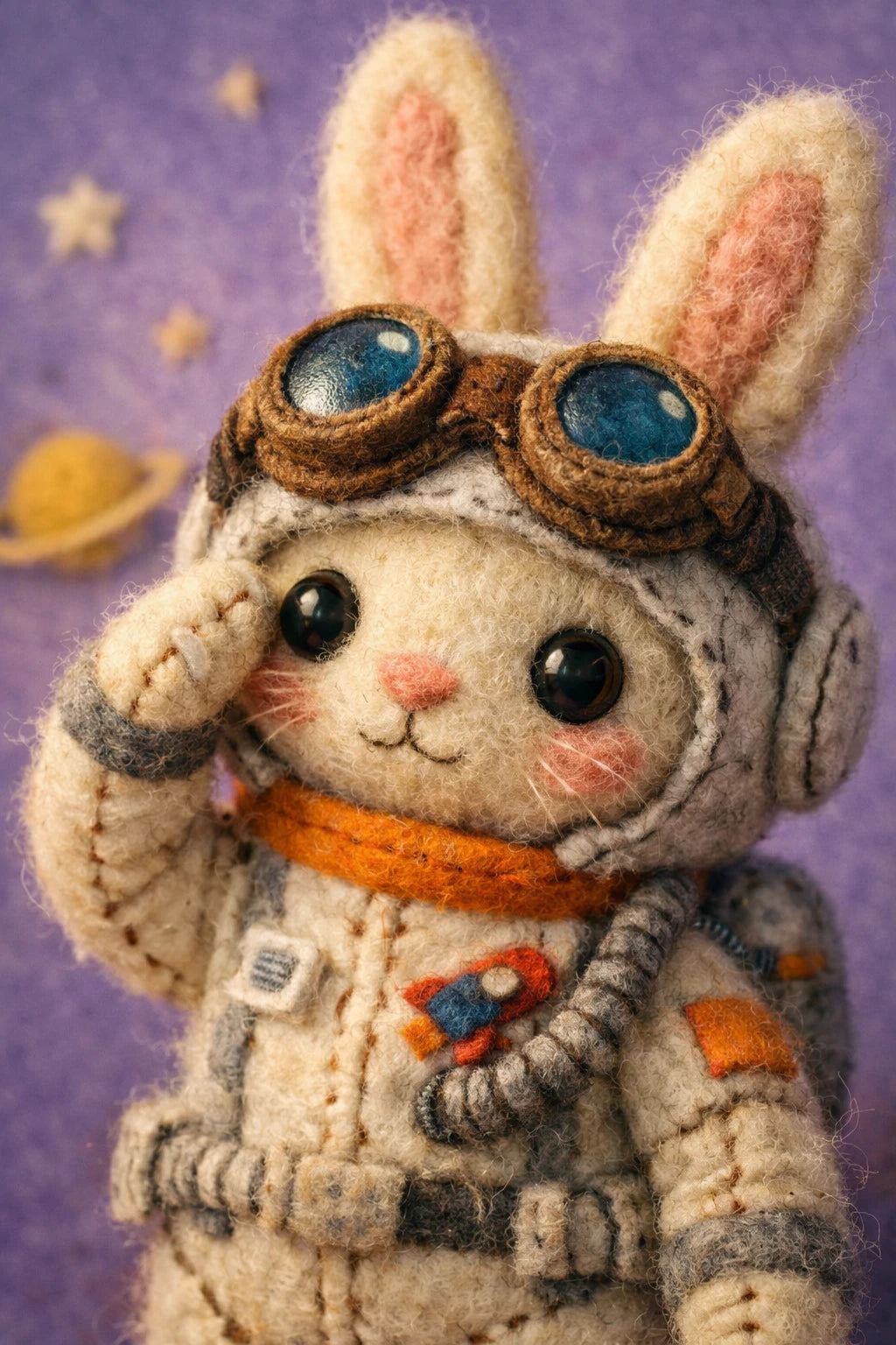 Example output from the Felt Puppet Character Portraits ChatGPT prompt: a felt puppet rabbit astronaut in a stitched white spacesuit and leather flight goggles against a purple starry background.