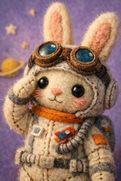 Example output from the Felt Puppet Character Portraits ChatGPT prompt: a felt puppet rabbit astronaut in a stitched white spacesuit and leather flight goggles against a purple starry background.