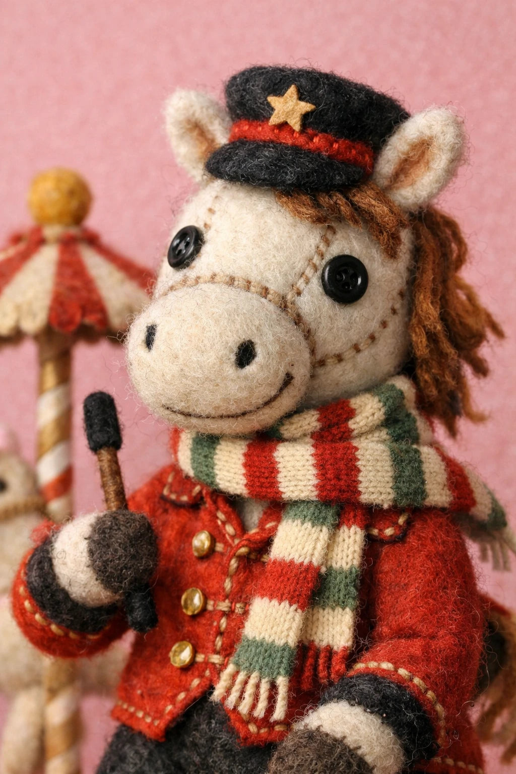 Example output from the Felt Puppet Character Portraits ChatGPT prompt: a felt puppet carousel horse dressed as a conductor, with stitched seams, button eyes and soft wool textures.
