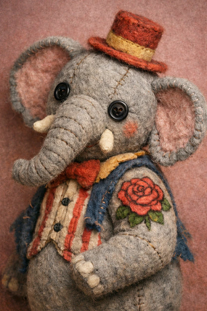 Example output from the Felt Puppet Character Portraits ChatGPT prompt: a felt puppet circus elephant in a red top hat and striped waistcoat with an embroidered rose patch.