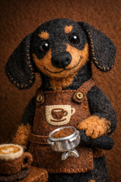 Example output from the Felt Puppet Character Portraits ChatGPT prompt: a felt puppet dachshund barista in brown overalls with a coffee cup patch, holding a portafilter beside a latte.