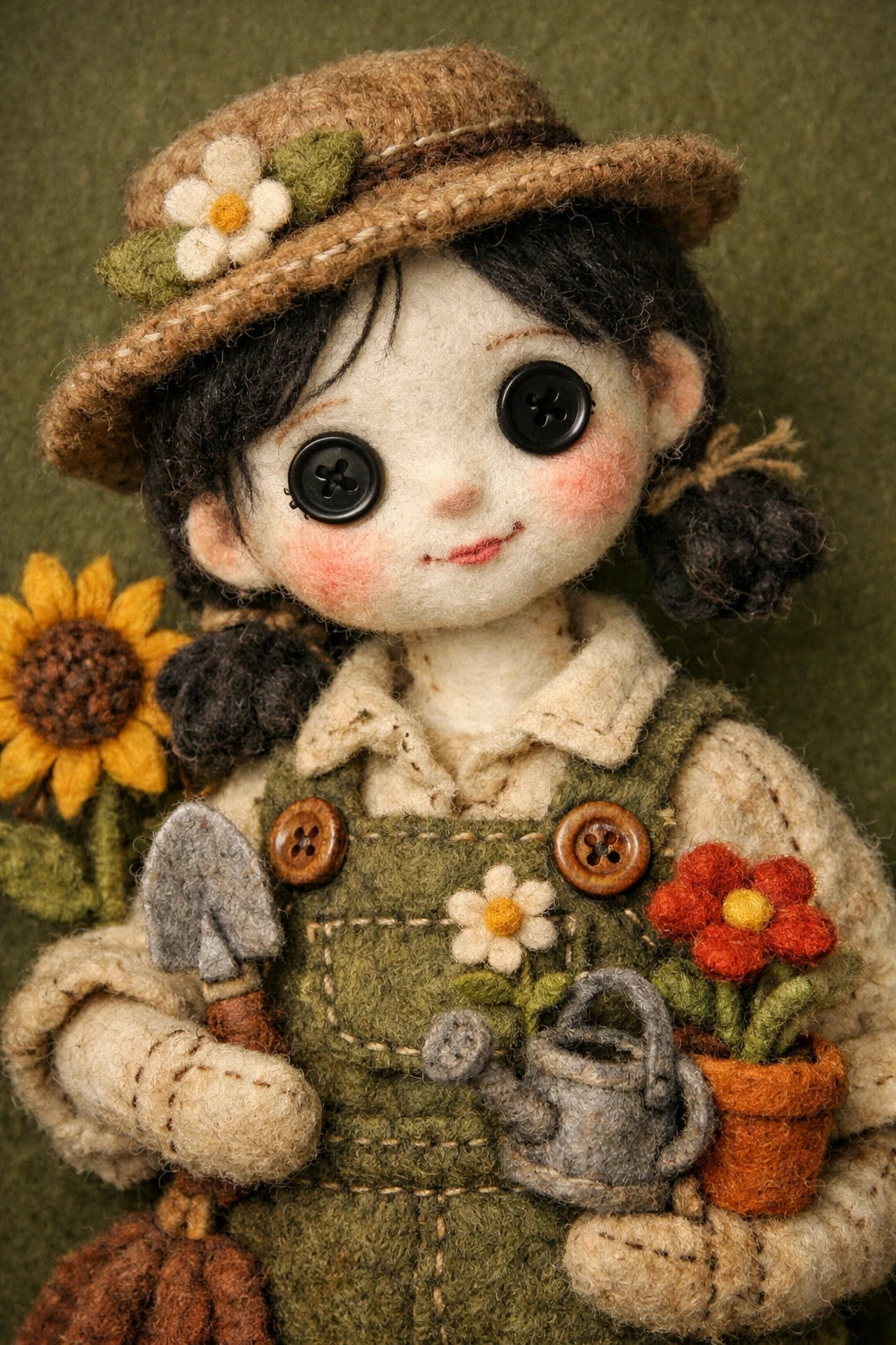 Example output from the Felt Puppet Character Portraits ChatGPT prompt: a felt puppet doll gardener with stitched seams, button eyes and soft wool textures.