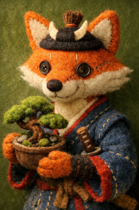 Example output from the Felt Puppet Character Portraits ChatGPT prompt: a felt puppet fox samurai in a blue kimono holding a bonsai tree, with stitched seams and button eyes.