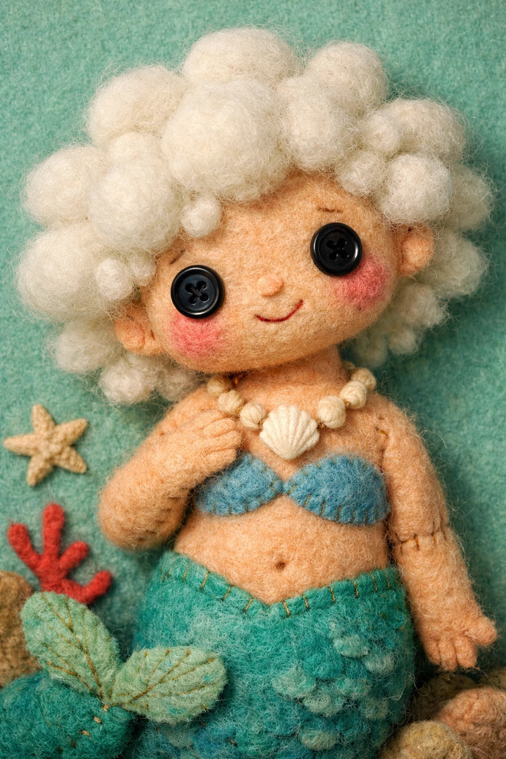 Example output from the Felt Puppet Character Portraits ChatGPT prompt: a felt puppet mermaid character with stitched seams, button eyes and soft wool textures.
