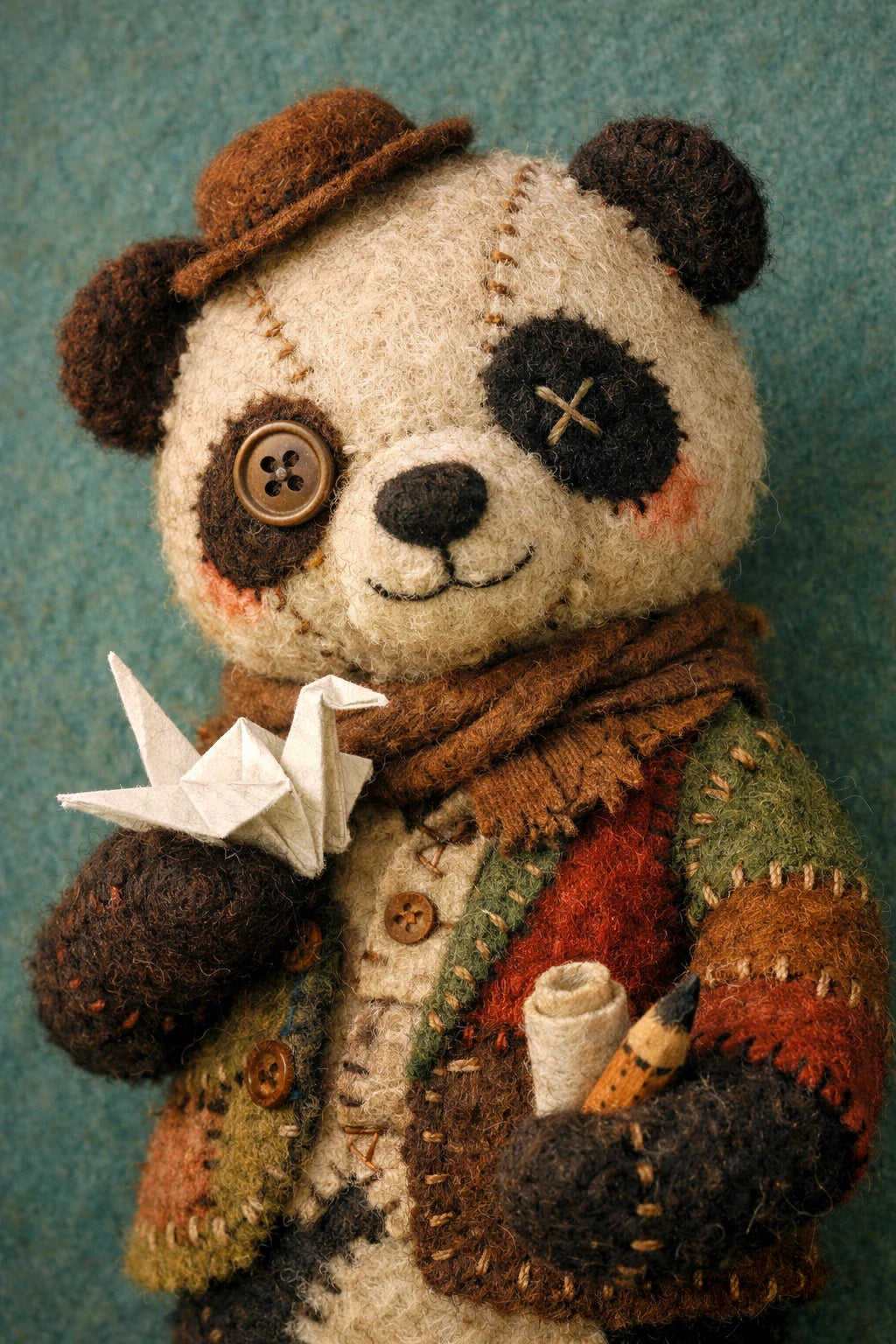 Example output from the Felt Puppet Character Portraits ChatGPT prompt: a felt puppet patchwork panda in a stitched hat and layered coat, holding an origami crane.