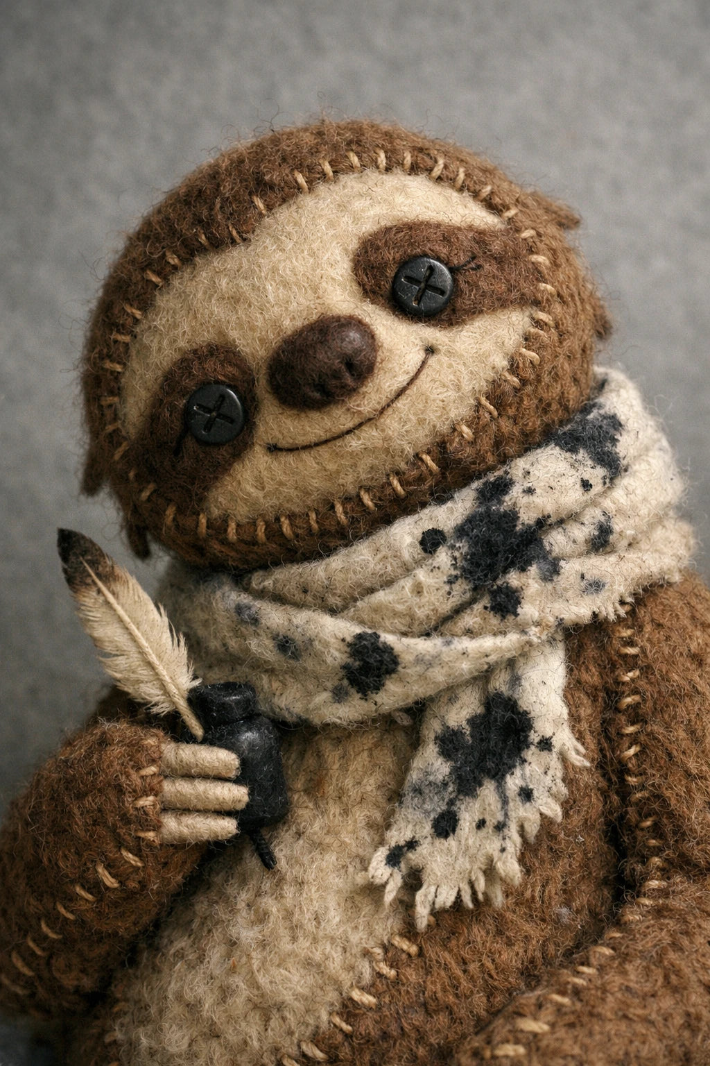 Example output from the Felt Puppet Character Portraits ChatGPT prompt: a felt puppet sloth poet holding a feather quill and wearing an ink-spotted scarf.