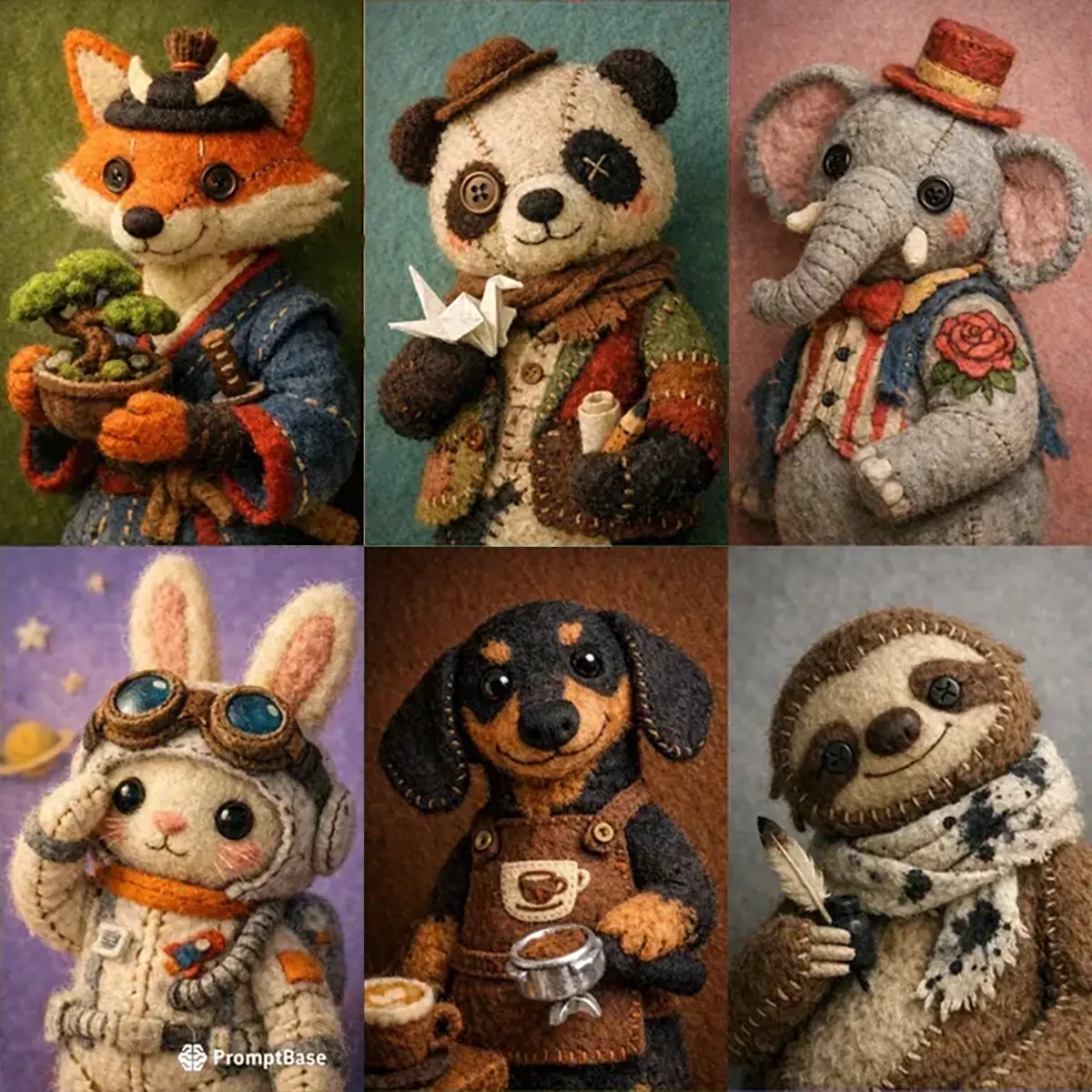Example output from the Felt Puppet Character Portraits ChatGPT prompt: a six-portrait grid of handcrafted felt puppet animals including a fox samurai, patchwork panda, top-hatted elephant, astronaut rabbit, dachshund barista and sloth poet, with stitched seams, button eyes and soft wool textures.
