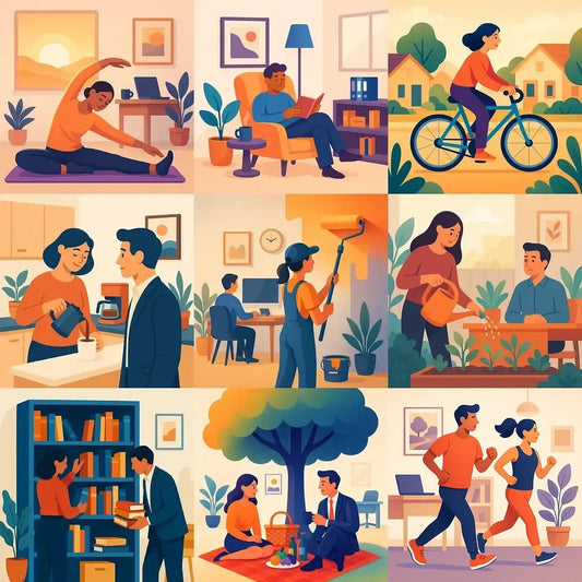 Example output from the Flat Action Scenes Illustrations ChatGPT prompt: colorful vector-style characters cooking, stretching, jogging, gardening, and reading in home and outdoor scenes with soft shadows, dynamic compositions, and layered depth.