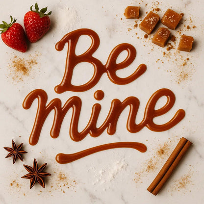 Example output of Flat-lay food typography ChatGPT Prompt featuring: Be Mine.