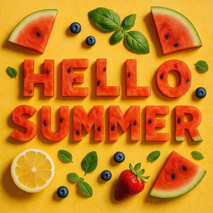 Example output of Flat-lay food typography ChatGPT Prompt featuring: Hello Summer.