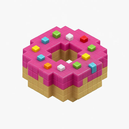 Example output from the Floating 3D Voxel Toy Renders ChatGPT prompt: voxel-style toys on a pure white background, featuring clean centered framing, glossy plastic texture, and subtle realism details like grain and lighting. Donut.