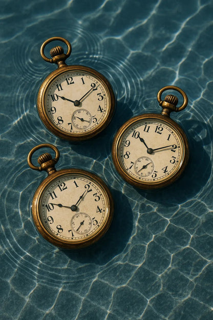 Example output from the Floating Half Submerged 3 Object Shot ChatGPT prompt: photorealistic render of Pocket Watches.