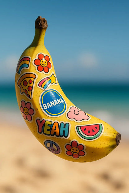 Example output from the Floating Photoreal Stickered Objects ChatGPT prompt: realistic objects floating mid-air, featuring vivid themed stickers, DSLR-style depth blur, and cinematic lighting for standout product visuals. Banana.