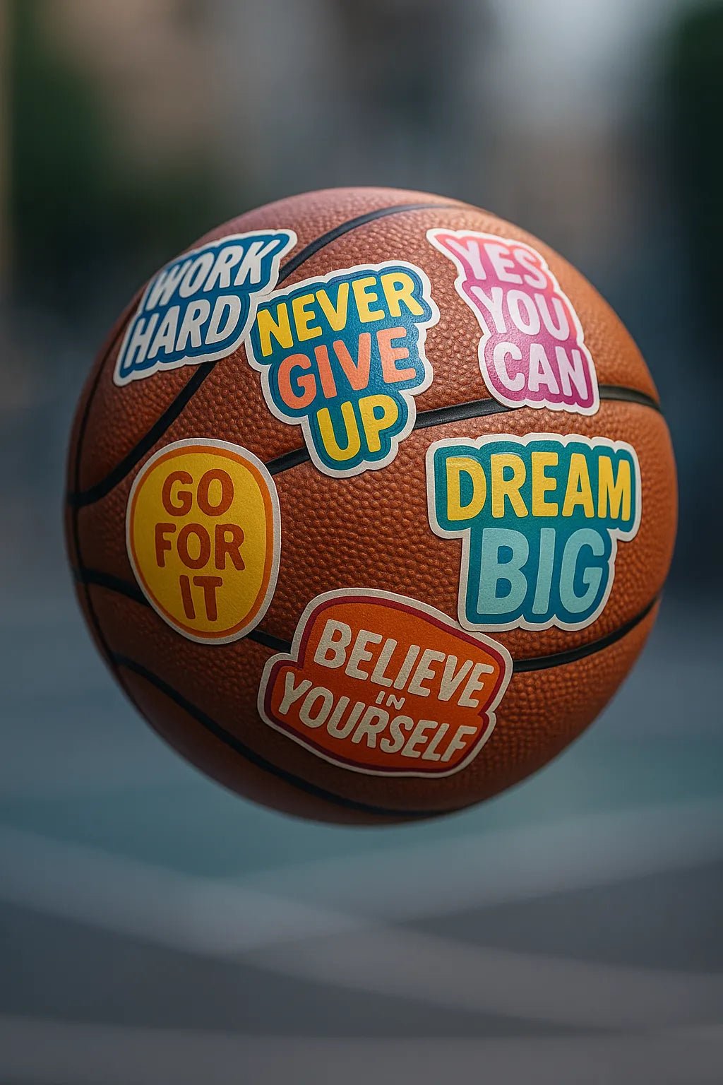 Example output from the Floating Photoreal Stickered Objects ChatGPT prompt: realistic objects floating mid-air, featuring vivid themed stickers, DSLR-style depth blur, and cinematic lighting for standout product visuals. Basketball Ball.