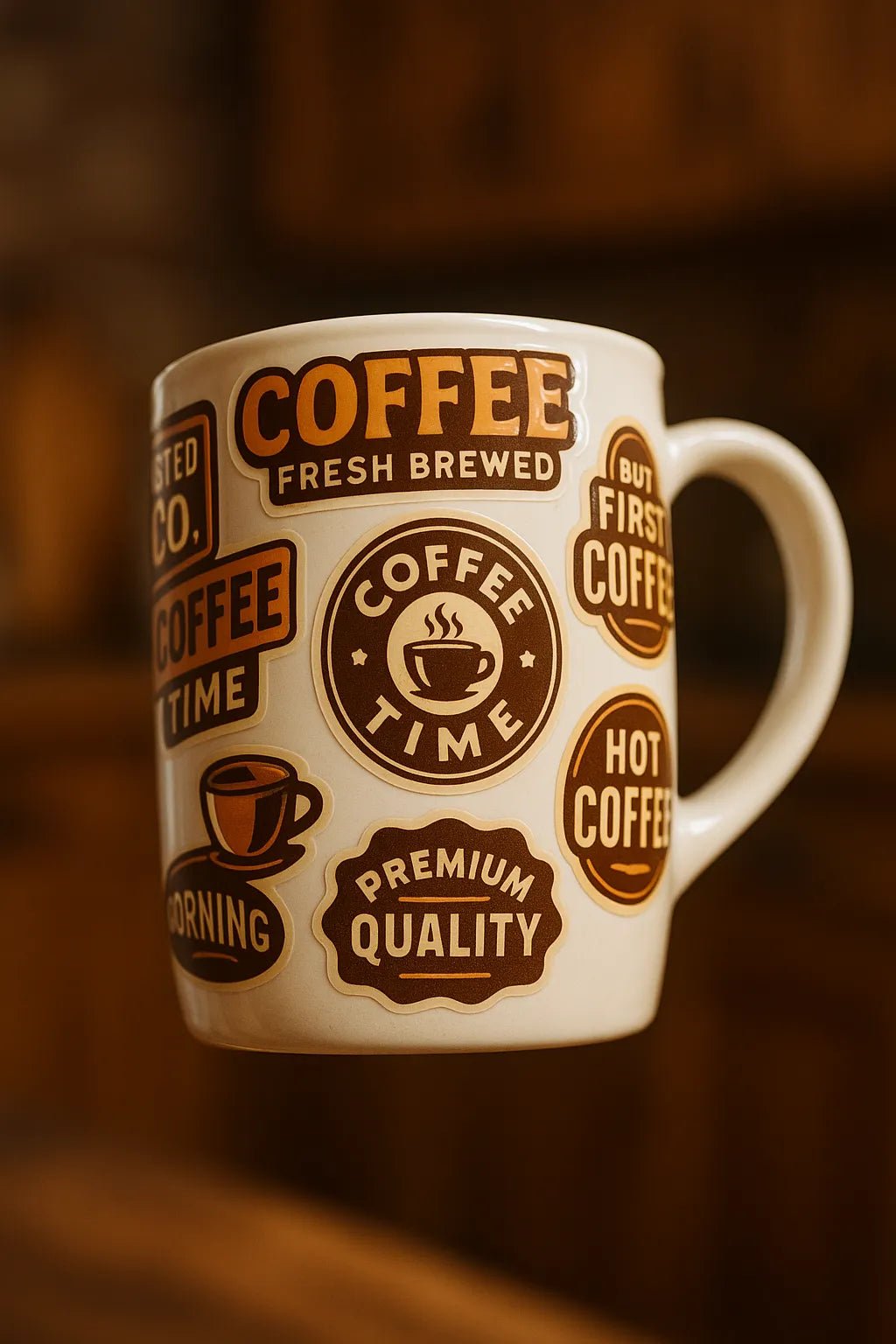 Example output from the Floating Photoreal Stickered Objects ChatGPT prompt: realistic objects floating mid-air, featuring vivid themed stickers, DSLR-style depth blur, and cinematic lighting for standout product visuals. Coffee Mug.