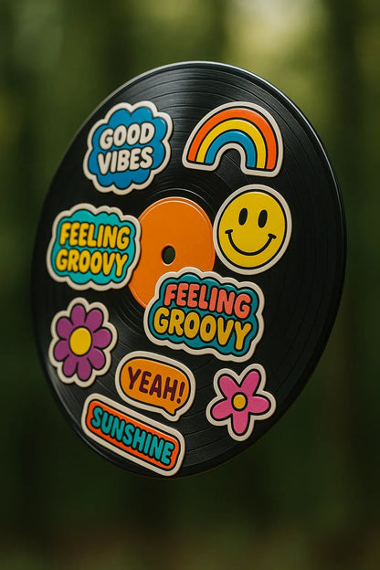 Example output from the Floating Photoreal Stickered Objects ChatGPT prompt: realistic objects floating mid-air, featuring vivid themed stickers, DSLR-style depth blur, and cinematic lighting for standout product visuals. Disk.
