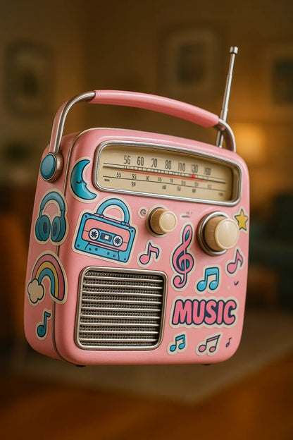 Example output from the Floating Photoreal Stickered Objects ChatGPT prompt: realistic objects floating mid-air, featuring vivid themed stickers, DSLR-style depth blur, and cinematic lighting for standout product visuals. Retro Radio.