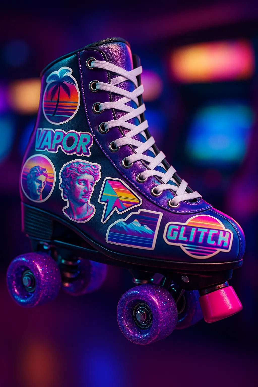 Example output from the Floating Photoreal Stickered Objects ChatGPT prompt: realistic objects floating mid-air, featuring vivid themed stickers, DSLR-style depth blur, and cinematic lighting for standout product visuals. Roller Skates.