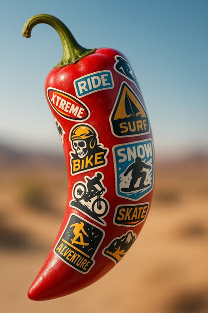 Example output from the Floating Photoreal Stickered Objects ChatGPT prompt: realistic objects floating mid-air, featuring vivid themed stickers, DSLR-style depth blur, and cinematic lighting for standout product visuals. Spicy Chili.