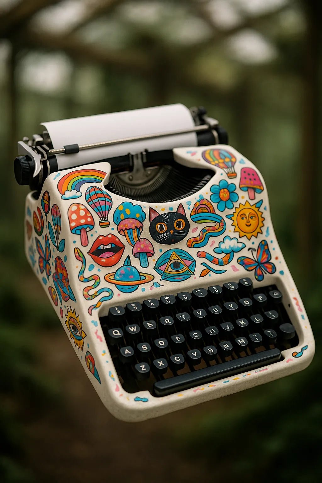 Example output from the Floating Photoreal Stickered Objects ChatGPT prompt: realistic objects floating mid-air, featuring vivid themed stickers, DSLR-style depth blur, and cinematic lighting for standout product visuals. Typewriter.