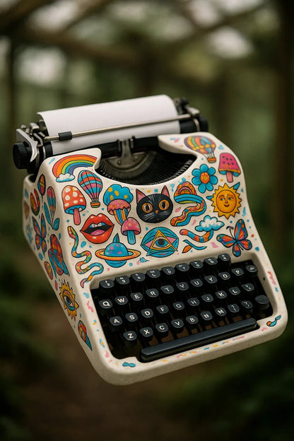 Example output from the Floating Photoreal Stickered Objects ChatGPT prompt: realistic objects floating mid-air, featuring vivid themed stickers, DSLR-style depth blur, and cinematic lighting for standout product visuals. Typewriter.