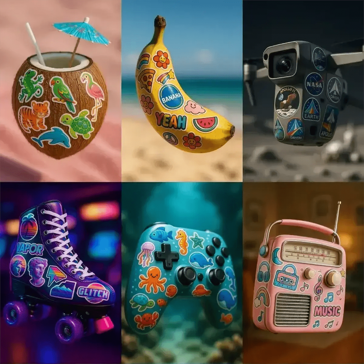 Example output from the Floating Photoreal Stickered Objects ChatGPT prompt: realistic objects floating mid-air, featuring vivid themed stickers, DSLR-style depth blur, and cinematic lighting for standout product visuals.