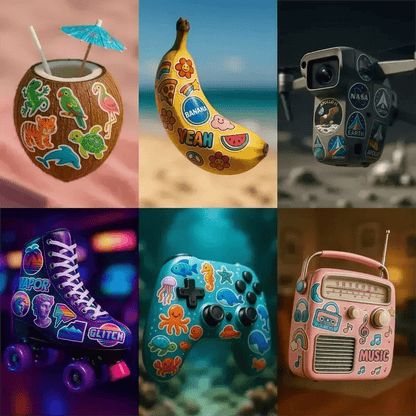 Example output from the Floating Photoreal Stickered Objects ChatGPT prompt: realistic objects floating mid-air, featuring vivid themed stickers, DSLR-style depth blur, and cinematic lighting for standout product visuals.