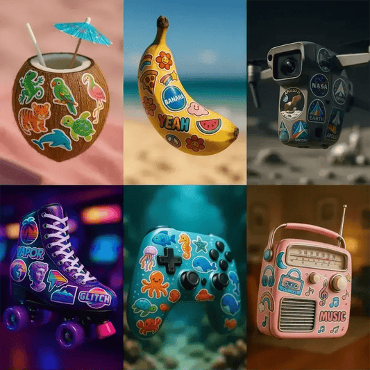 Example output from the Floating Photoreal Stickered Objects ChatGPT prompt: realistic objects floating mid-air, featuring vivid themed stickers, DSLR-style depth blur, and cinematic lighting for standout product visuals.