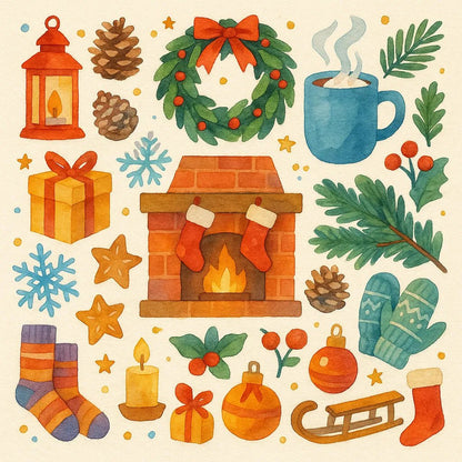 Example output from the Folk Art Watercolor Collages ChatGPT prompt: Holiday.