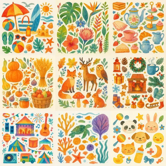 Example output from the Folk Art Watercolor Collages ChatGPT prompt: seasonal folk art collages, featuring translucent watercolor textures, soft paper edges, warm-cool color palettes, and charming hand-cut illustrations of animals, florals, and objects.