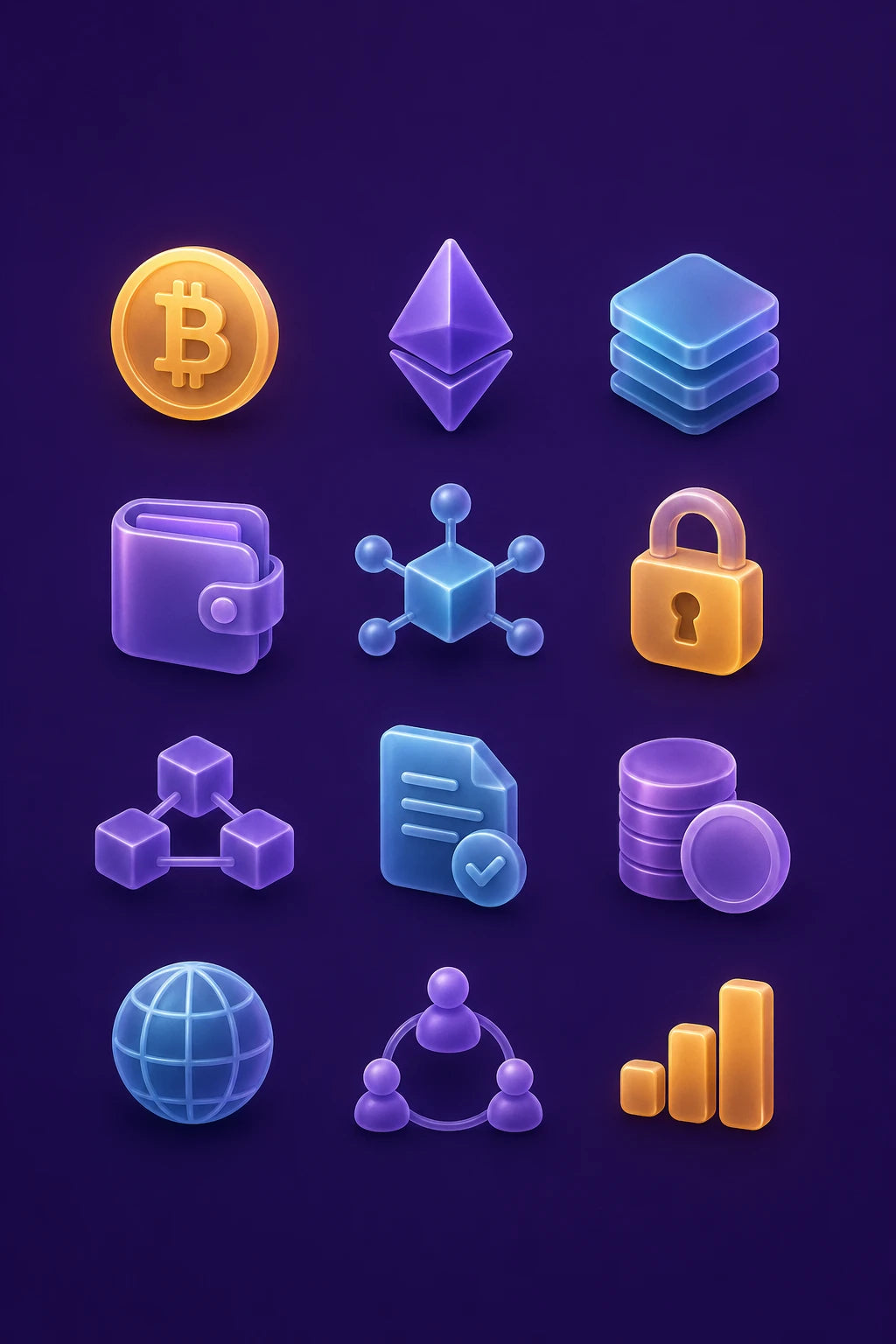 Example output from the Frosted Depth Icon Grids ChatGPT prompt: a crypto and blockchain icon set in frosted glass style on a deep purple background, with coin, wallet, node, ledger and chart symbols.