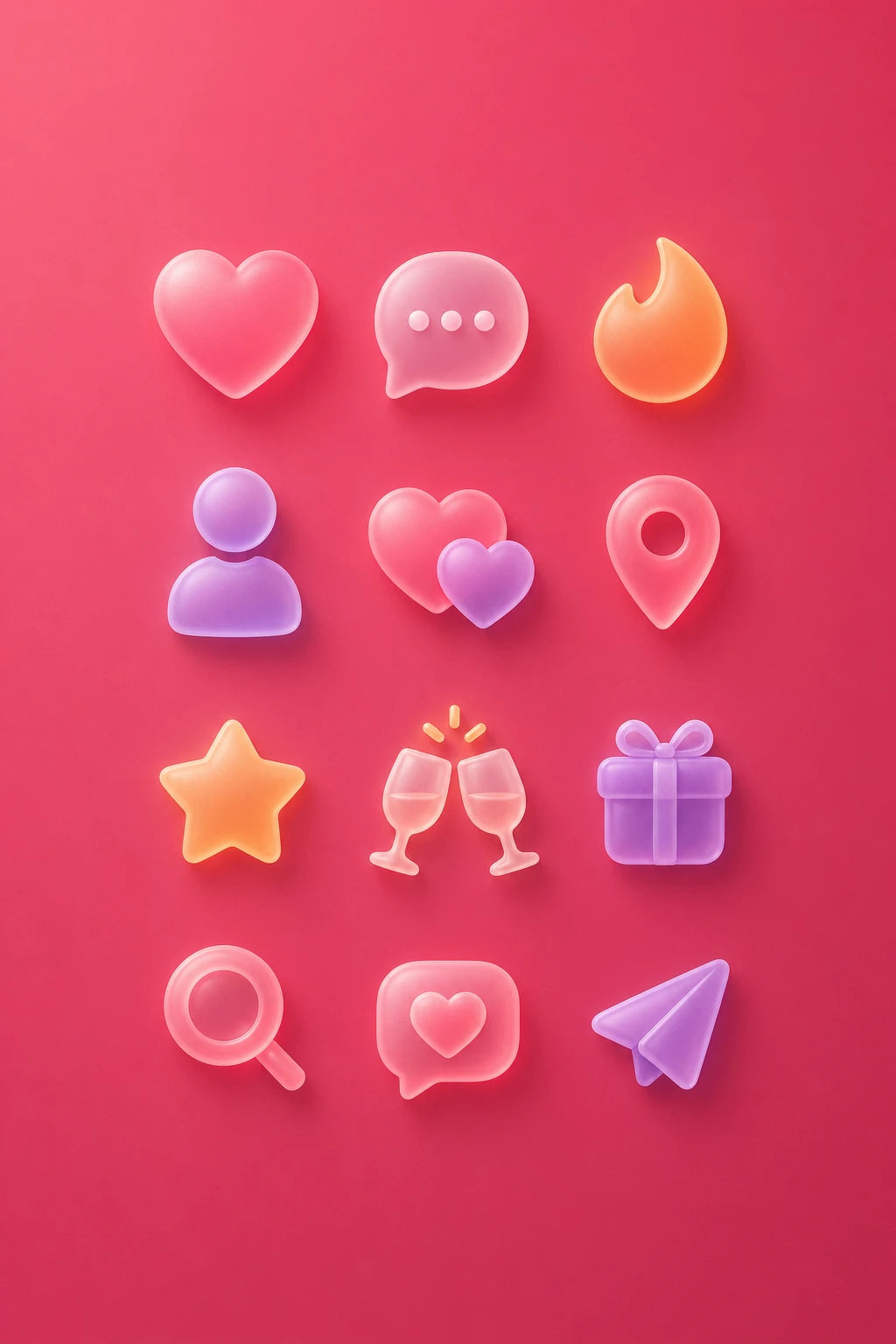 Example output from the Frosted Depth Icon Grids ChatGPT prompt: a dating and social apps icon set in frosted glass style on a pink background, with heart, chat bubble, flame, profile and location symbols.