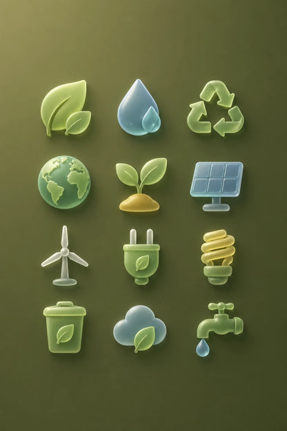 Example output from the Frosted Depth Icon Grids ChatGPT prompt: an eco and sustainability icon set in frosted glass style on an olive background, with leaf, water drop, recycling, solar panel and wind turbine symbols.
