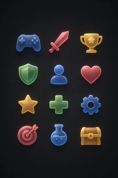 Example output from the Frosted Depth Icon Grids ChatGPT prompt: a gaming interface icon set in frosted glass style on a black background, with controller, sword, trophy, shield, target and treasure chest symbols.