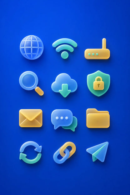 Example output from the Frosted Depth Icon Grids ChatGPT prompt: an internet icon set in frosted glass style on a cobalt blue background, with globe, wifi, router, search, cloud download and mail symbols.