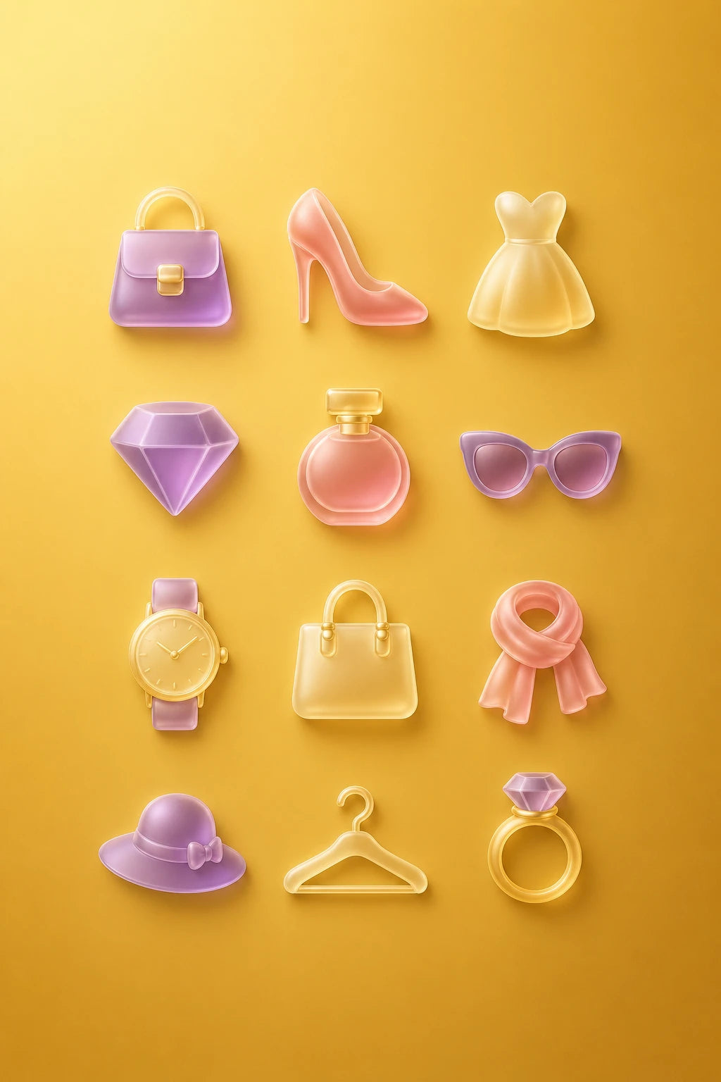 Example output from the Frosted Depth Icon Grids ChatGPT prompt: a luxury fashion icon set in frosted glass style on a golden background, with handbag, heel, dress, perfume, sunglasses and diamond ring symbols.