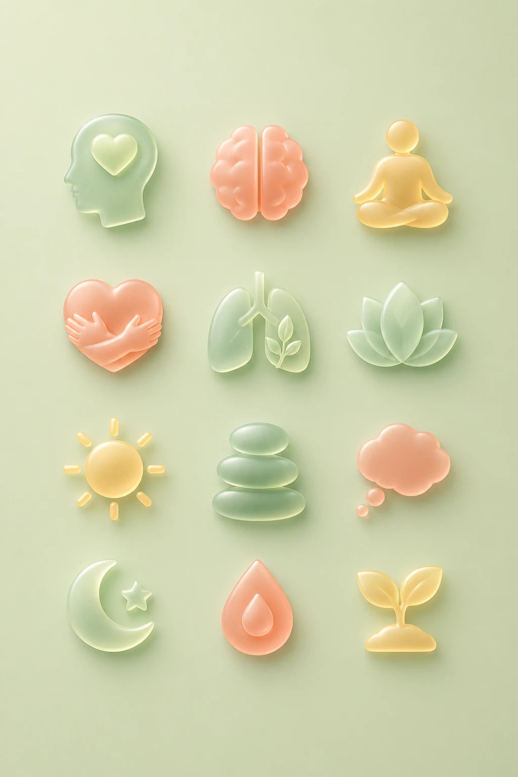 Example output from the Frosted Depth Icon Grids ChatGPT prompt: a mental wellness icon set in frosted glass style with soft depth and material realism.