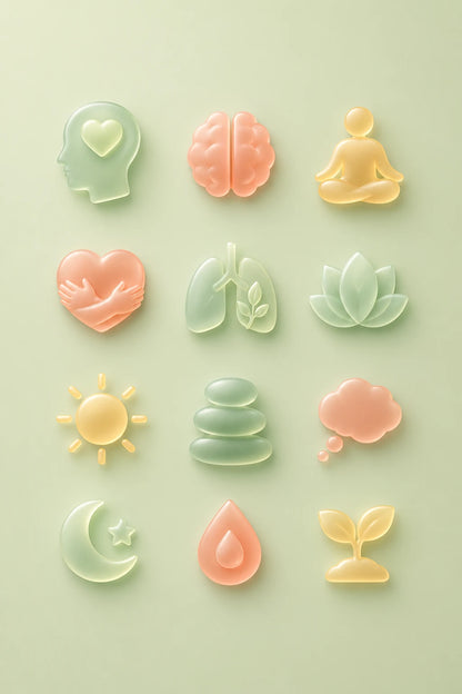 Example output from the Frosted Depth Icon Grids ChatGPT prompt: a mental wellness icon set in frosted glass style with soft depth and material realism.
