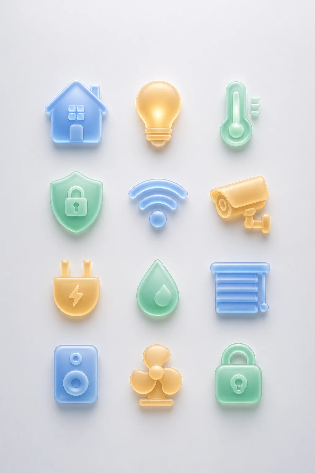 Example output from the Frosted Depth Icon Grids ChatGPT prompt: a smart home icon set in frosted glass style with soft depth and material realism.